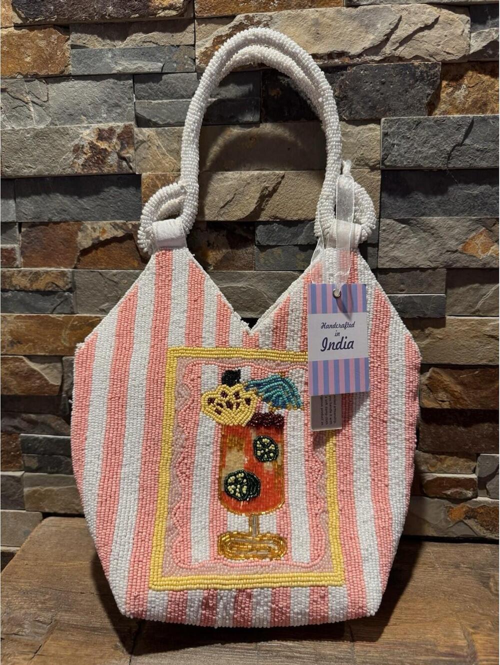 Viral Handcrafted in India Pink Stripe Mai Tai Beaded Bag Purse TikTok Rare NEW